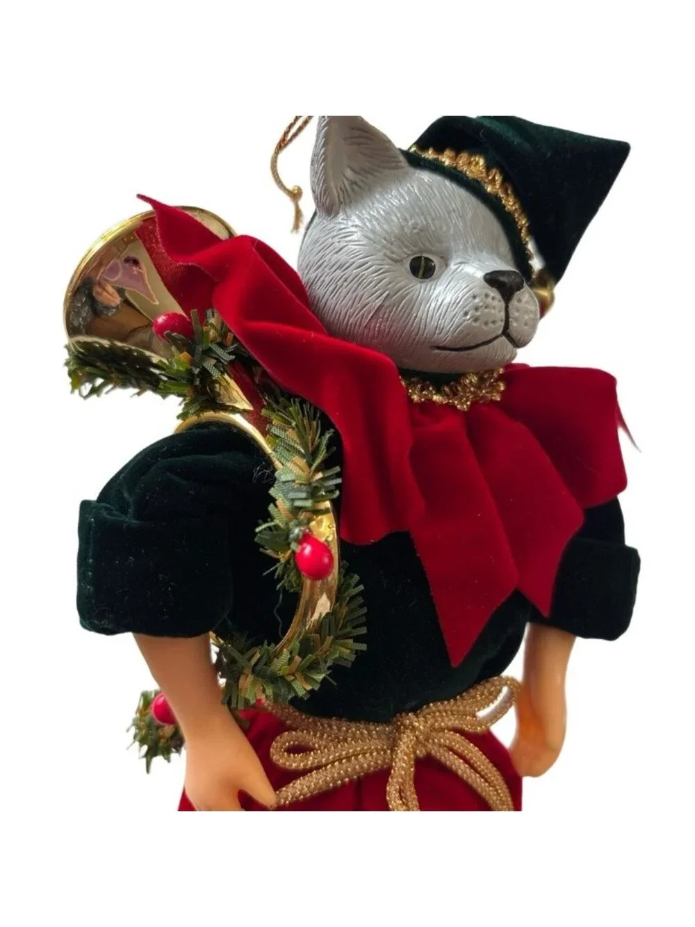 Christmas Ornament Figurine Black Red Gold Jester Cat Bells Holiday